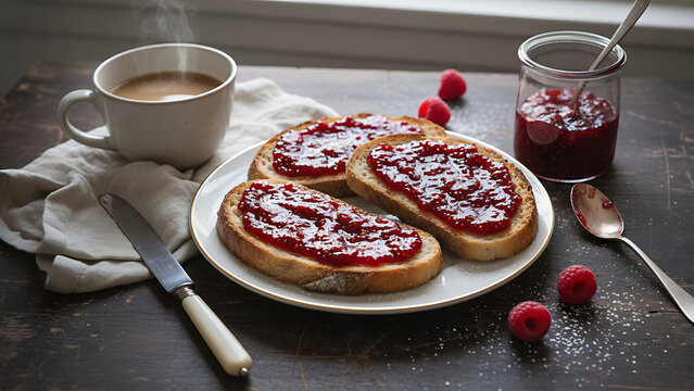 Crispy Golden Toasted Slices of Bread Topped with Vibrant Sweet Red Raspberry Jam Served for Breakfast on a Rustic Dark Textured Wooden Background Tabletop Surface