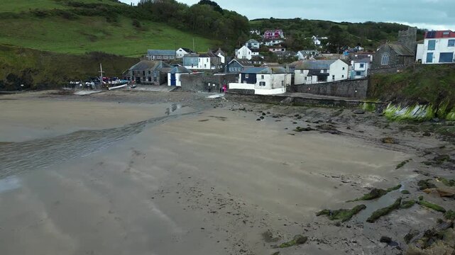 Aerial view of the beach and village of Gorran Haven on the south coast of Cornwall in the southwest of England.