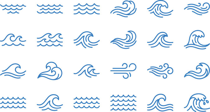 waves icon set with various blue designs and patterns featuring ocean, water, design with pattern and vector elements