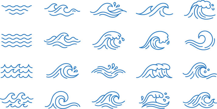 waves line art set with various styles and patterns featuring ocean, water, blue with vector and illustration elements