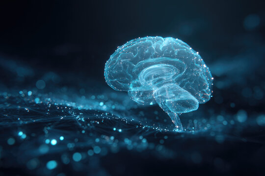 glowing creative brain floating within a complex network of illuminated nodes and particle clouds, a breakthrough in creativity, digital intelligence, and thinking differently. Creative idea, concept.
