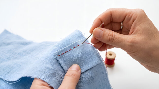 Hands sewing a piece of blue fabric using a needle and red thread