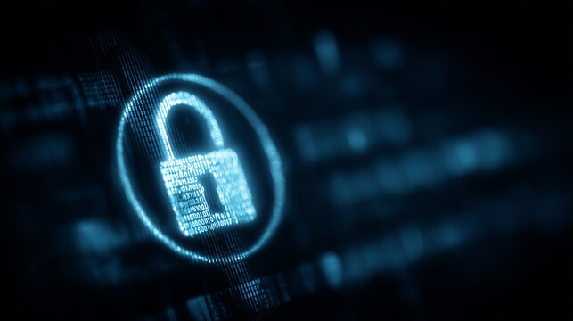 A digital padlock appears over flowing code, symbolizing encrypted protection, cybersecurity defense, and secure data access.
