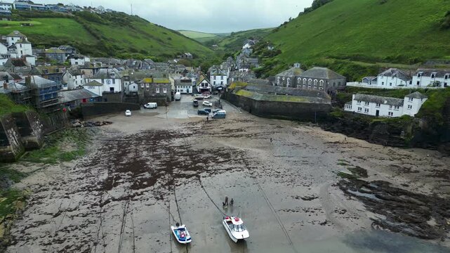 Aerial views of the picturesque costal village of Port Isaac on the north coast of Cornwall in the southwest of England.