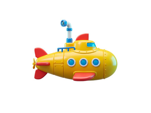 Cute yellow submarine cartoon toy with periscope and propeller 3d render