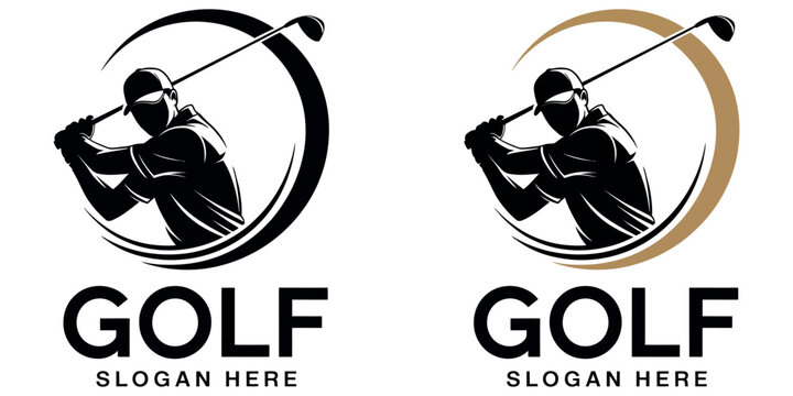 Professional golf logo design with a silhouette of a golfer swinging a club in a circle frame.