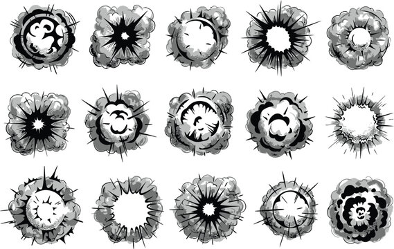 explosion hand drawn doodle icons set with textured grunge bursts and vintage black linework