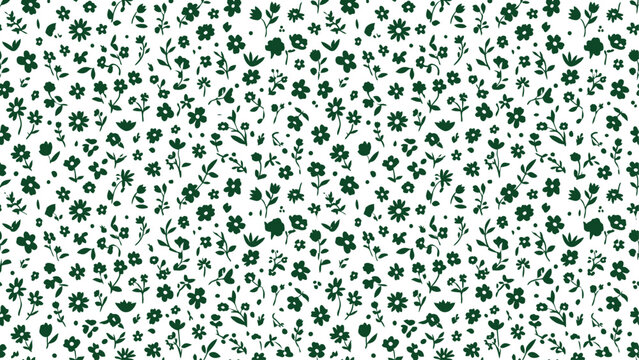 Seamless ditsy floral pattern with small green flowers on a white background.