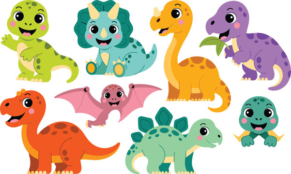 Cute Cartoon Dinosaur Vector Character Set with Playful Baby Dinosaurs T-Rex Triceratops Stegosaurus and Pterodactyl for Children Sticker Pattern and Nursery Designs