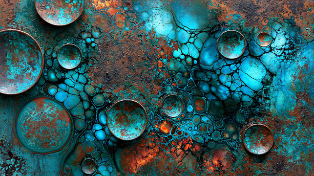 Gros plan de coupelles en cuivre pos&eacute;es sur une plaque alt&eacute;r&eacute;e. Harmonie de textures m&eacute;talliques avec motifs d'oxydation bleu-vert et rouille. Design industriel