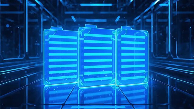 Digital file folders floating in futuristic cyberspace environment representing secure data storage and cloud computing network motion video clip