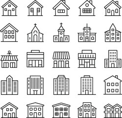 Fototapeta premium Title (18-22 words): Building and Architecture Icons Collection with Houses, Churches, Shops, and Skyscrapers for Real Estate and Urban Design