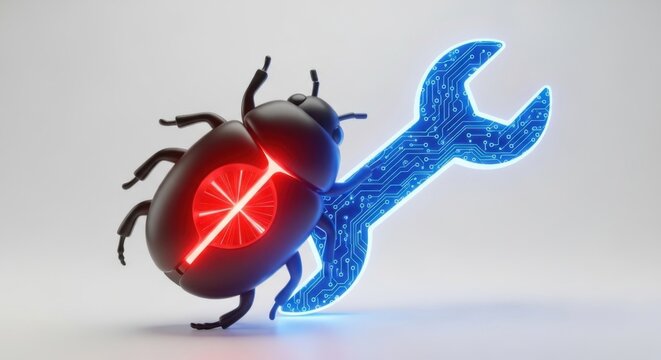 Glowing bug, neon wrench, debugging tool, error fix, tech illustration
