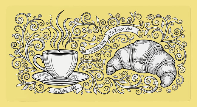 coffee and croissant breakfast illustration featuring la dolce vita banners and ornate floral scrolls on a yellow background.