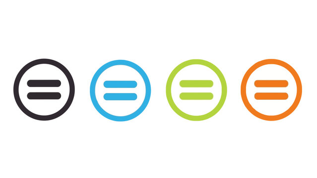 colorful equals sign icons within circular buttons on a white background symbolizing equality and balance for modern graphic design elements.