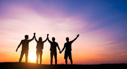 Fototapeta premium International Friendship Day Poster with Silhouetted People Holding Hands Sunset Gradient Sky and Outdoor Unity Celebration Illustration