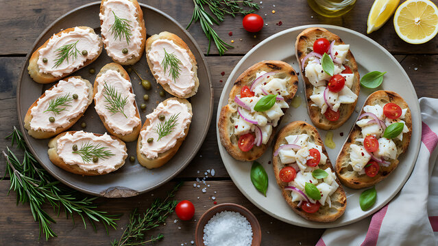 Delicious homemade Italian bruschetta with creamy salmon pate on toasted baguette slices, viewed from above in a rustic culinary setting featuring fresh fish spread and artisan bread.