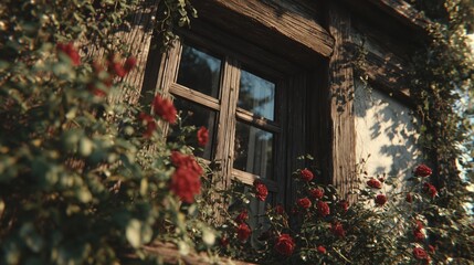 Fototapeta premium Low angle view of an old wooden countryside window surrounded by lush red roses growing around and over it. Soft natural daylight creates a vibrant, romantic rustic atmosphere.