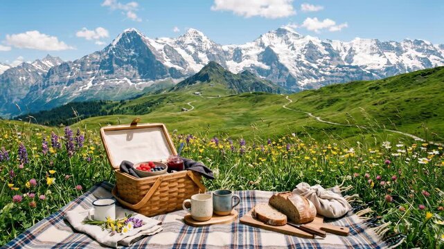 Static shot of picnic basket and breakfast spread on alpine meadow overlooking snow capped mountains and winding valley path during sunny summer day
