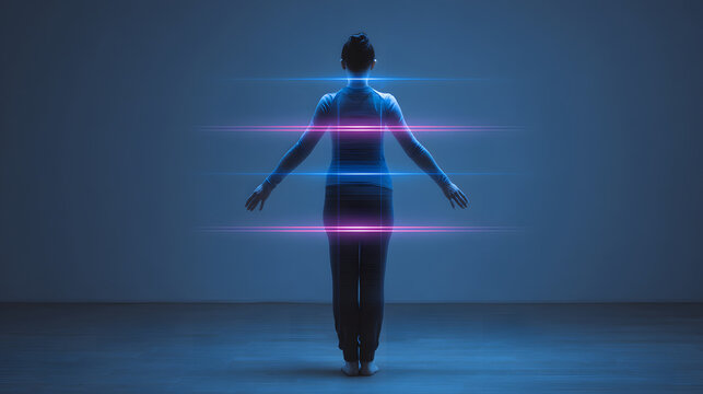 Woman standing with glowing alignment lines across her spine and torso, posture correction concept with neon light bands and blue background, wellness technology visualization