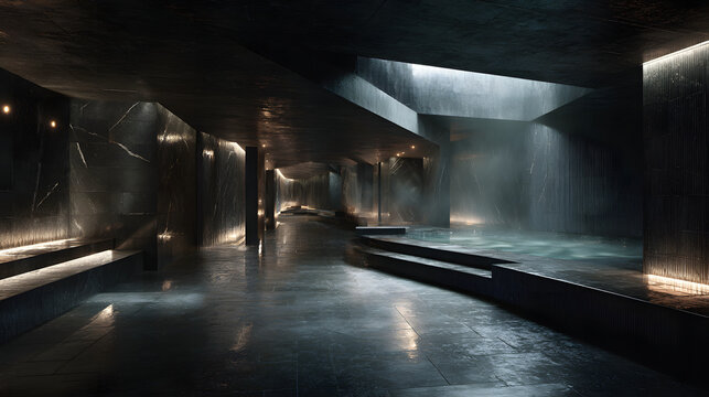 Quiet luxury underground wellness spa powered by ab f a, underground spa, wellness spa, indoor pool, dark marble interior