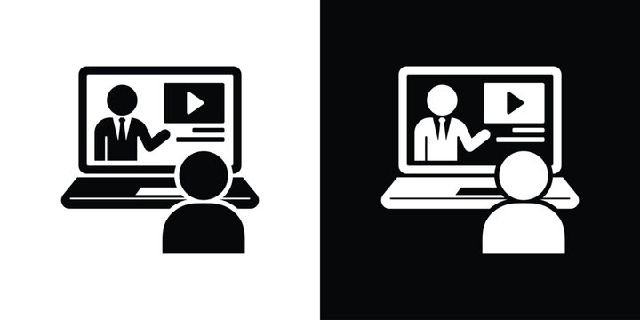 Online learning icon showing a person watching a video lecture on a laptop. Perfect for e-learning, webinars, and digital training concepts.