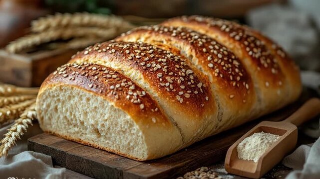 Golden loaf of homemade bread with sesame seeds on rustic wooden board