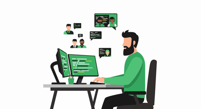 Software Developer Working Remotely with Global Team, Coding and Collaborative Programming Concept Vector Illustration