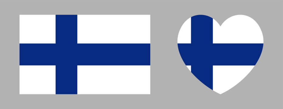 Finland national flag rectangular, heart icon, sticker. Set of Finland flag rectangle, heart badge, background. National sign. Flag of Finland button, banner.