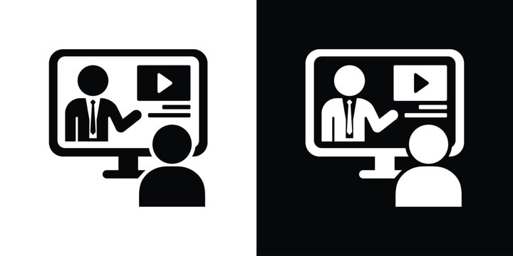 Online learning icon showing a person watching a video lecture on a laptop. Perfect for e-learning, webinars, and digital training concepts.