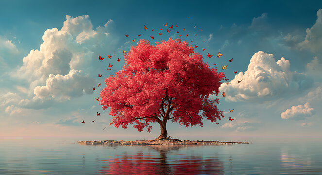 a red tree stands on an island in the middle tree