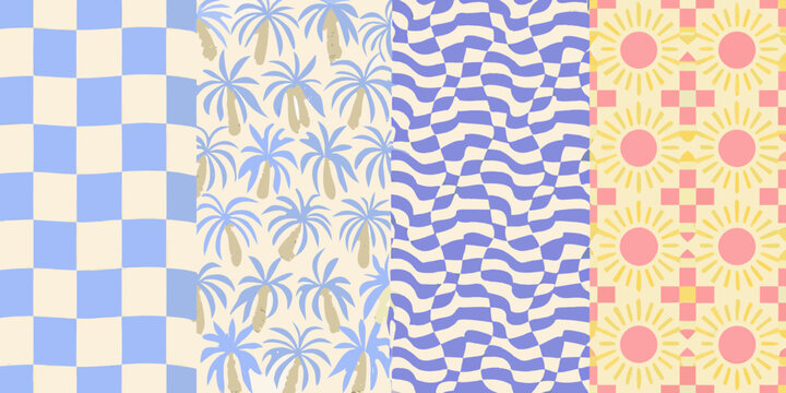 Repeating patterns featuring checks palms waves and suns vector illustration
