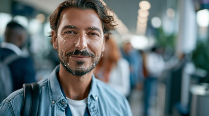 Obraz premium Facial recognition technology at a secure airport checkpoint with a traveler looking at a camera and subtle biometric points for ethical security