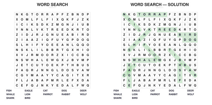 Animals Word Search Puzzle. Printable vocabulary activity for kids. Classroom or homeschool game