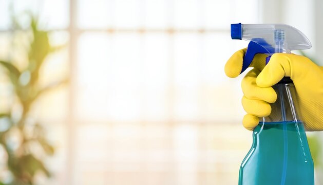 Spraying bottle in human hand on window background