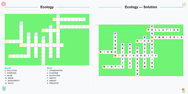 Ecology crossword puzzle worksheet. Printable biology and science activity with clues and an answer key. Education and learning concept
