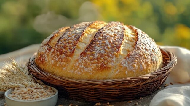 Golden crust artisan bread in wicker basket outdoors with wheat and grains in sunlight