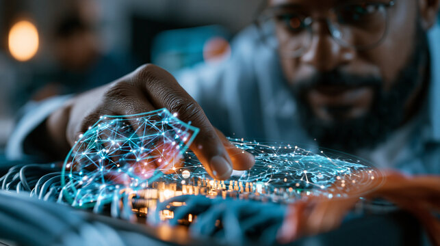 Technician inspects fiber optic connections as abstract shield light patterns protect a digital network map in realistic cybersecurity concept