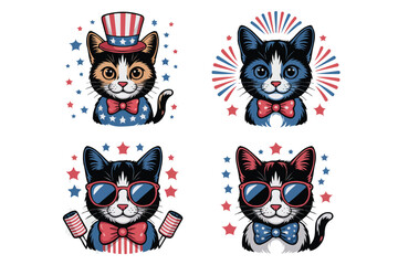Fototapeta premium set of cat portrait for Independence day 4th of July vector illustration isolated on white background