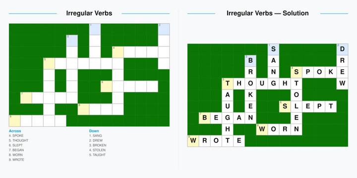 Irregular verbs crossword puzzle. English grammar and vocabulary worksheet. Printable activity for students with answer key.