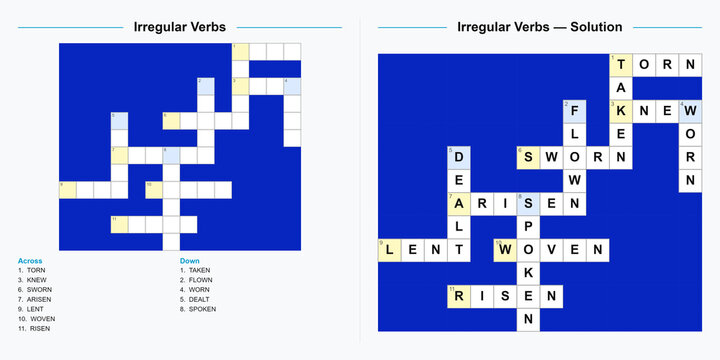 Irregular Verbs Crossword Puzzle. English grammar practice worksheet. Printable with answer key