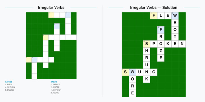 Irregular Verbs crossword puzzle. English grammar worksheet for students. Printable vocabulary activity with answer key.