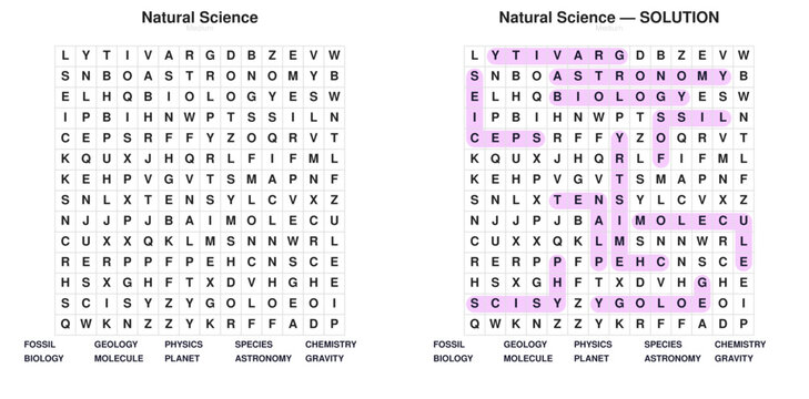 Natural Science Filword Puzzle Worksheet. Printable vocabulary game with answer key. Student activity sheet.