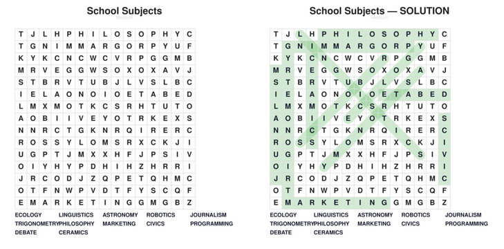 School Subjects Word Search. Vocabulary learning puzzle for students. Printable worksheet with answer key.