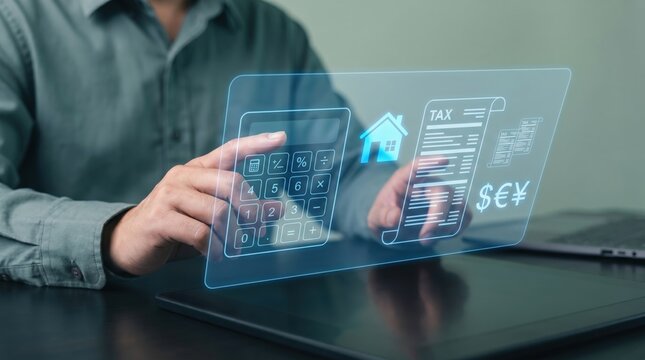 Real Estate Finance and Property Tax Planning Concept: Hands Using Holographic Calculator with House Icon, Tax Forms, and Glowing Currency Symbols