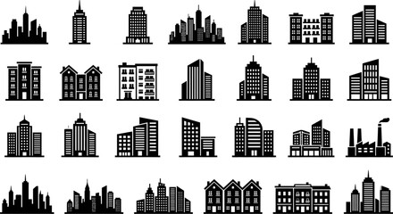 Collection of various city buildings and skyscrapers in black silhouette on white background © Afia