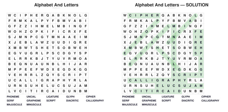 Typography and Letters word search puzzle. Educational vocabulary activity for students. Printable worksheet with answer key.