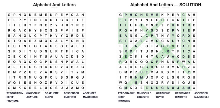 Typography Word Search Puzzle. Educational vocabulary activity for students. Printable worksheet with answer key.