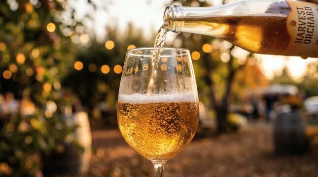Golden cider being poured into a glass at outdoor gathering during sunset perfect for World Cider Day