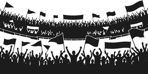 Obraz premium silhouette of a crowd of people waving flags in a stadium cheering fans in a sports event